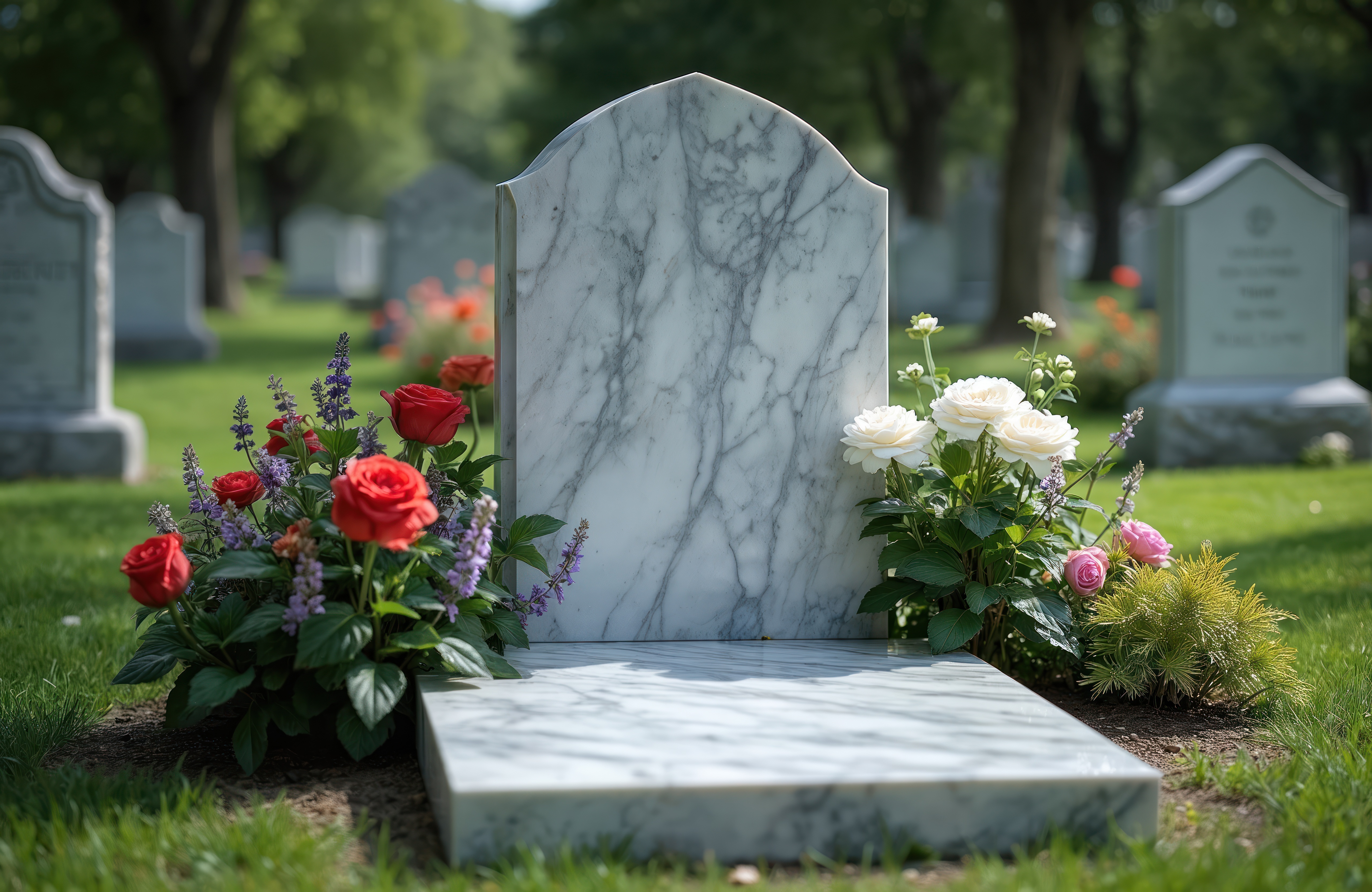Monument funéraire en marbre, fleuri, dans un cimetière
